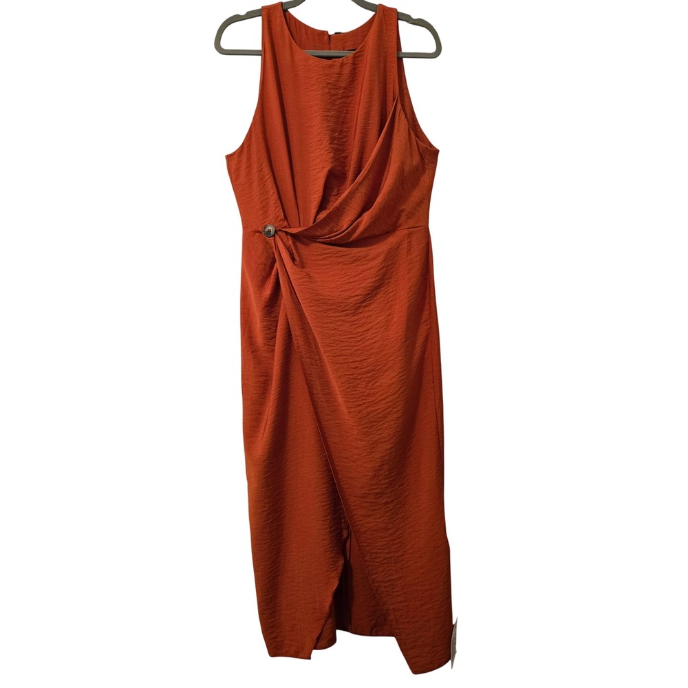 Asos Design Burnt‎ Orange Draped Front Sleeveless Midi Dress 14 Button Detail